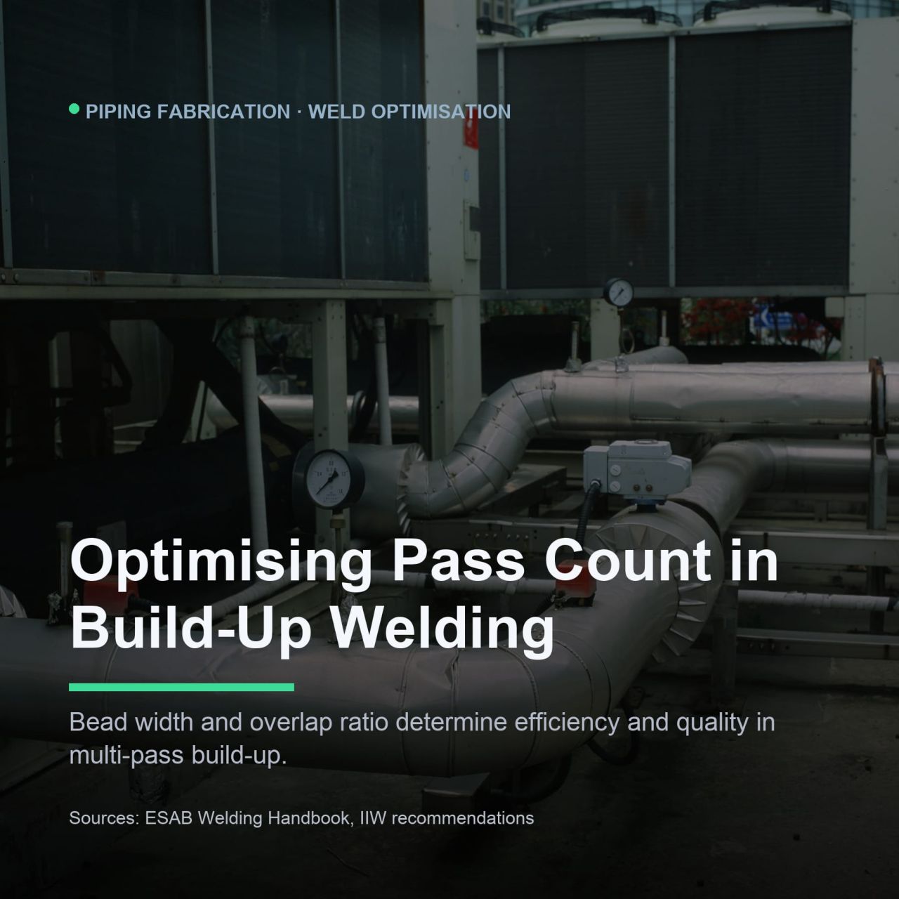 Pass count in build-up welding, bead width and overlap optimisation